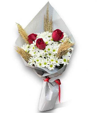 Zarif ve Romantik Krmz Gll Papatya Buketi